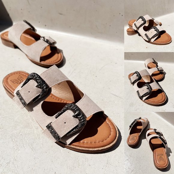NEW Sand Faux Suede Western Metal Buckled Straps Slides Slip On Sandals Shoes - Picture 10 of 11